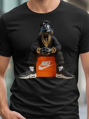 Black Short-Sleeve Tee with Orange Nike Box and Gold Graphic Accents